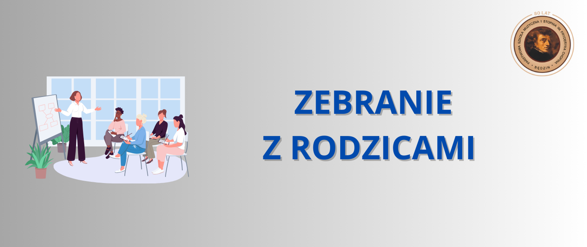 baner na szaro-białym tle, na środku napis, po lewej rysunek nauczyciela z rodzicami, po prawej logo szkoły
