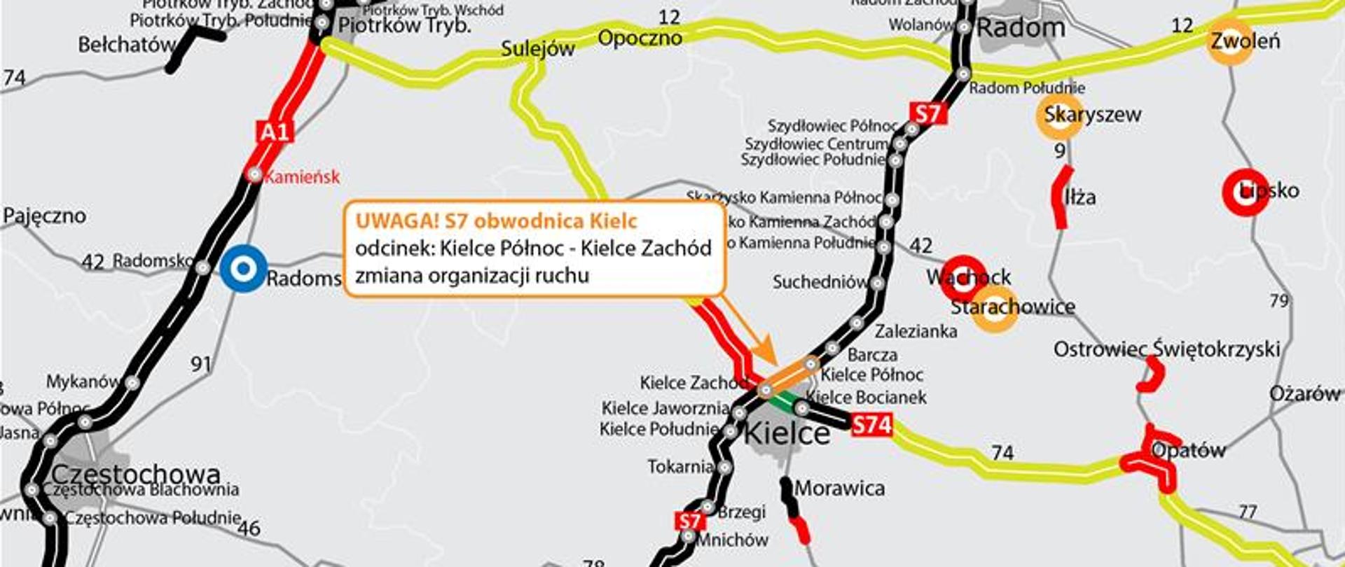 S7 obwodnica Kielc - zmiana organizacji ruchu - mapka z zaznaczonym miejscem zmiany 