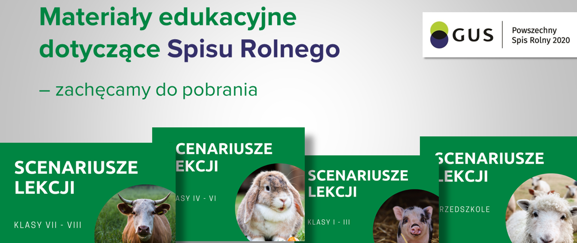 Na górze grafiki po lewej stronie napis materiały edukacyjne dotyczące spisu rolnego - zachęcamy do pobrania. Po prawej logo Głównego Urzędu Statystycznego. Na dole cztery zielone kwadraty z napisami scenariusze lekcji i zdjęciami zwierząt: krowy, królika, prosięcia i owcy. 