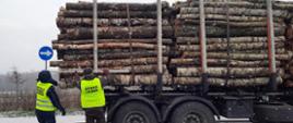 Od lewej: umundurowany inspektor wielkopolskiej Inspekcji Transportu Drogowego i funkcjonariusz Straży Leśnej stoją za ciężarówką przewożącą kłody drewna. Mundurowi mierzą długość ładunku wystającego poza przyczepę.