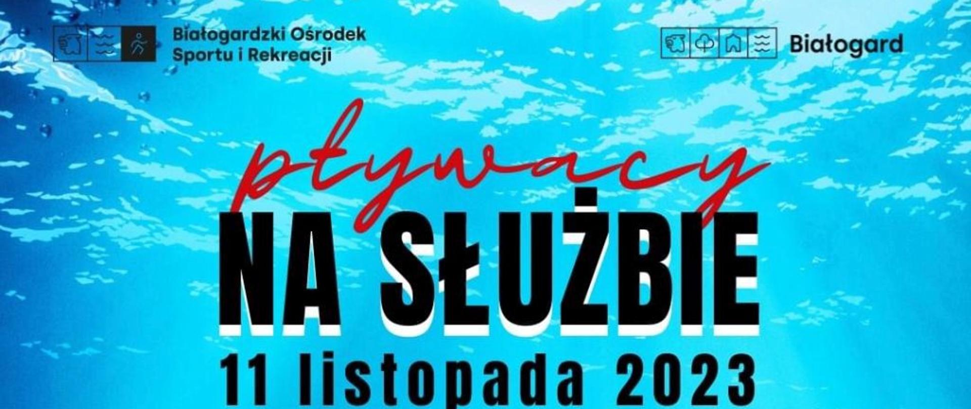 Plakat promujący maraton pływacki. Odcienie białe i niebieski , widoczna data i termin wydarzenia.