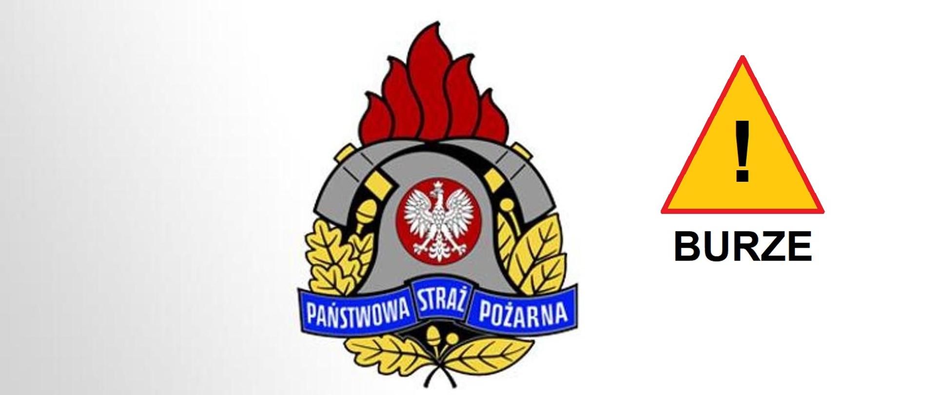 Logo PSP oraz znak ostrzegawczy z napisem burze