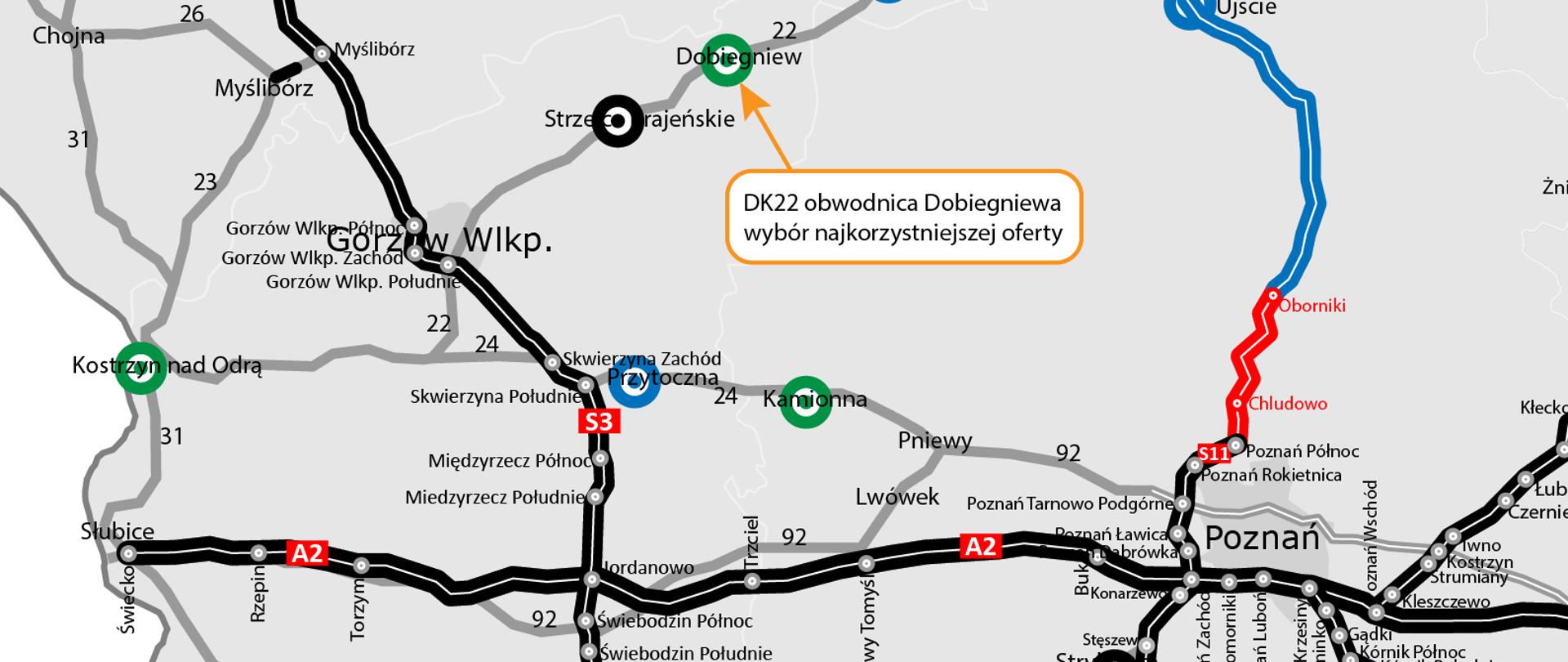 Grafika z mapą. Wycinek mapy województwa lubuskiego z zaznaczona lokalizacja obwodnicy Dobiegniewa.