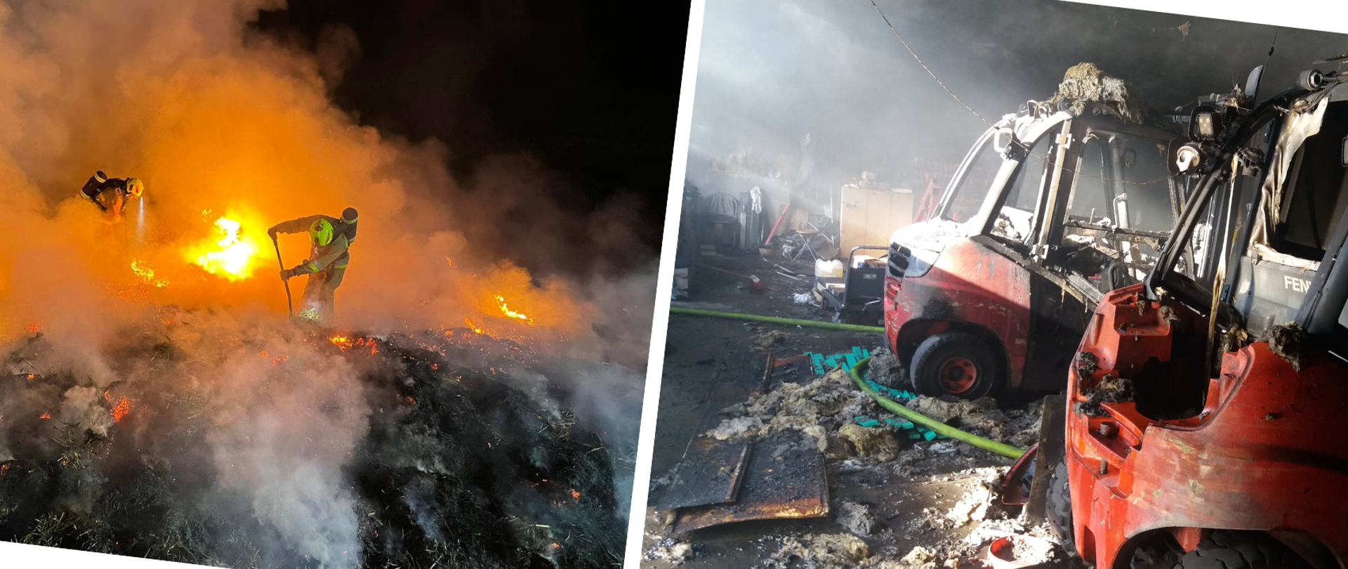 Zdjęcie przedstawia pożar stogu słomy oraz warsztatu, w którym znajdowały się wózki widłowe.