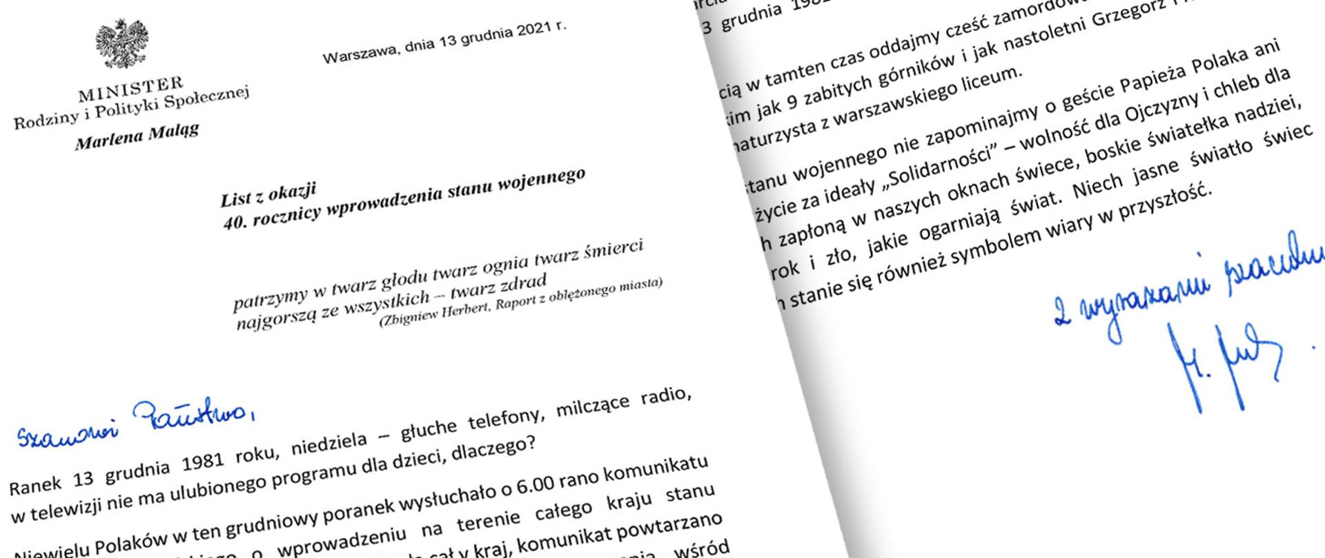 List minister Marleny Maląg z okazji 40. rocznicy wprowadzenia stanu wojennego