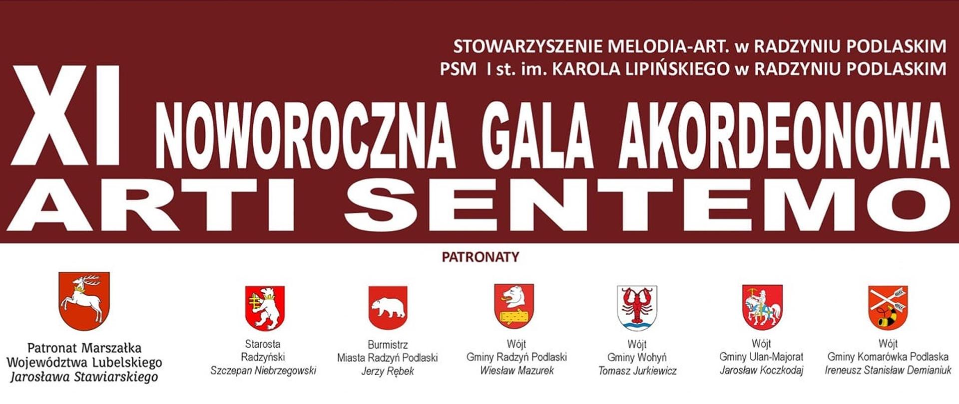 Banner przedstawiający zawierający napis XI Noworoczna Gala Akordeonowa Arti Sentemo oraz patronów wydarzenia