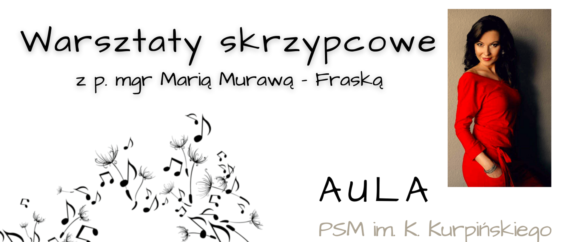 Tekst jak w treści. U góry strony po prawej zdjęcie prowadzącej warsztaty, w środkowej części po lewej rysunek skrzypka grającego na dachu, na dole z prawej szkic skrzypiec.