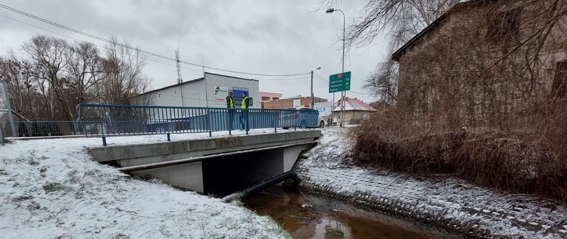 potok wpływa pod most, na moście stoją ludzie
