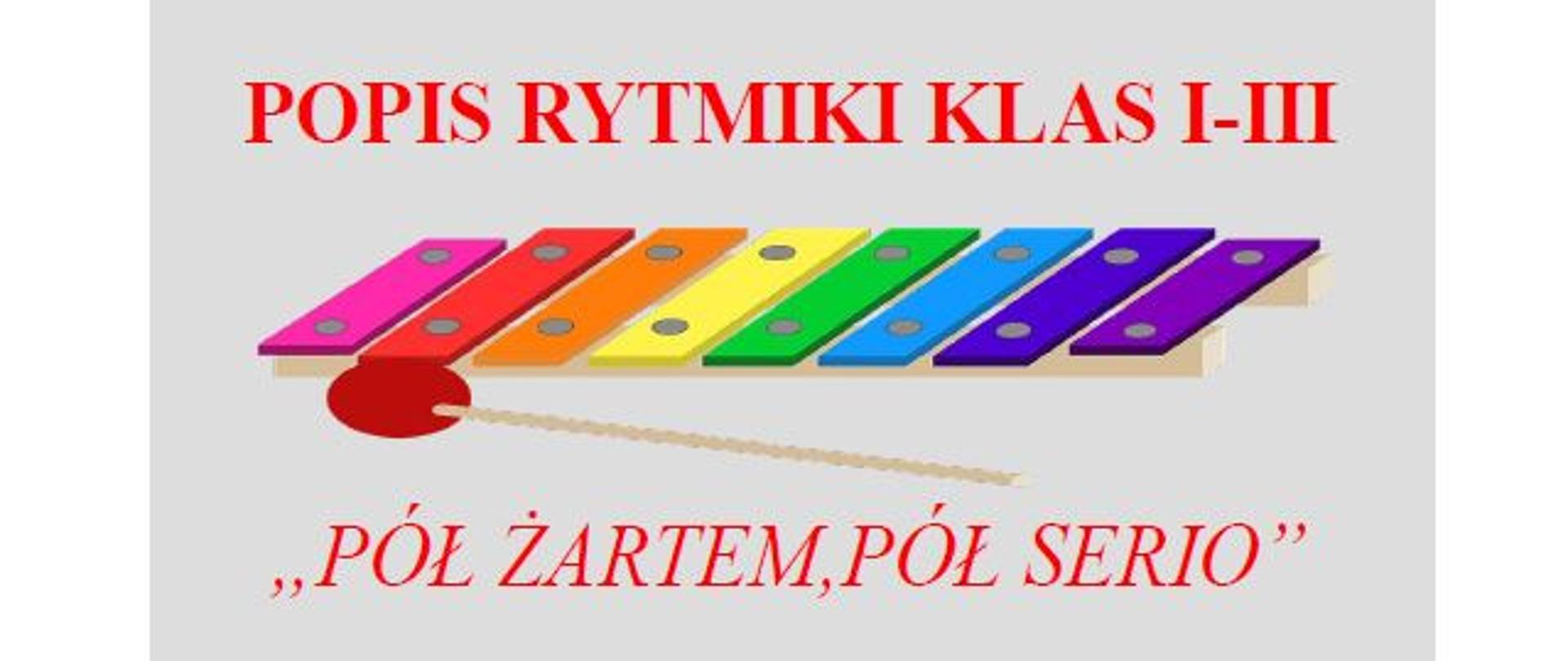 Plakat na białym tle z grafiką organków i bębna z szczegółowymi informacjami na temat popisu rytmiki dnia 11 maja 2023 o godz, 16:45 w auli PSM I st. w Kłodzku