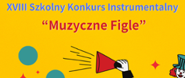 Zdjęcie przedstawia grafikę postaci klauna na żółtym tle trzymającego głośnik oraz informację o szkolnym konkursie instrumentalnym "Muzyczne Figle"