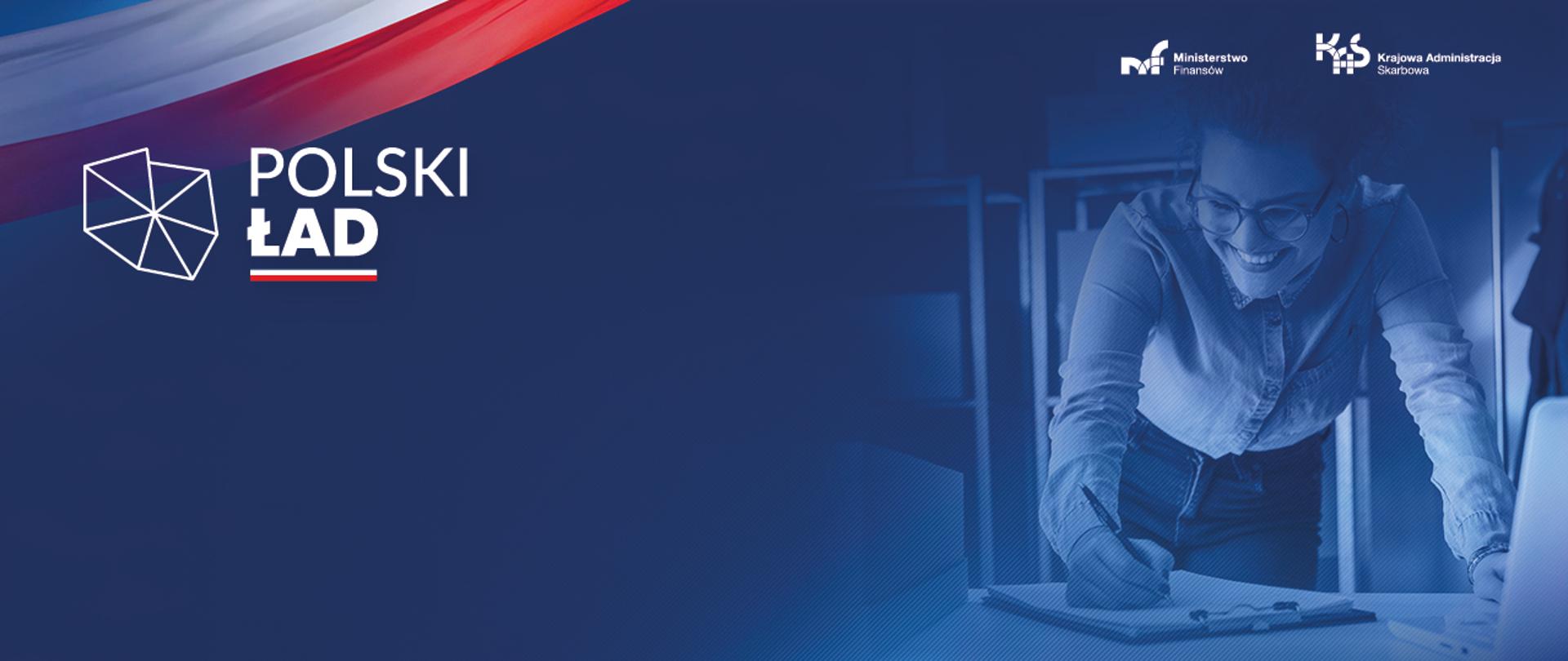 Grafika z logo Polski Ład, kobieta w okularach.