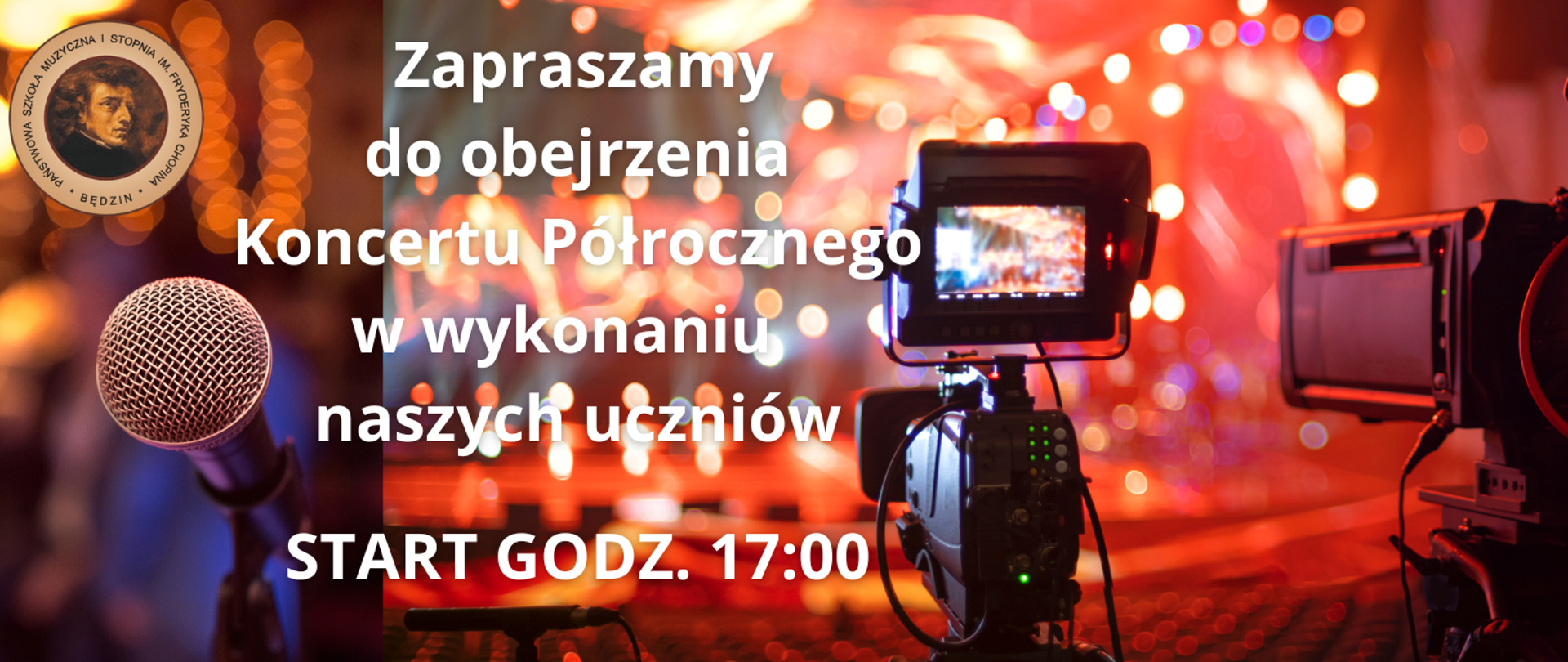 z lewej strony w górnym rogu znajduję się logo szkoły, pod nim jest zdjęcie mikrofonu, z prawej strony znajduje kamera na tle sceny. W środku plakatu jest opis zachęcający do obejrzenia koncertu.