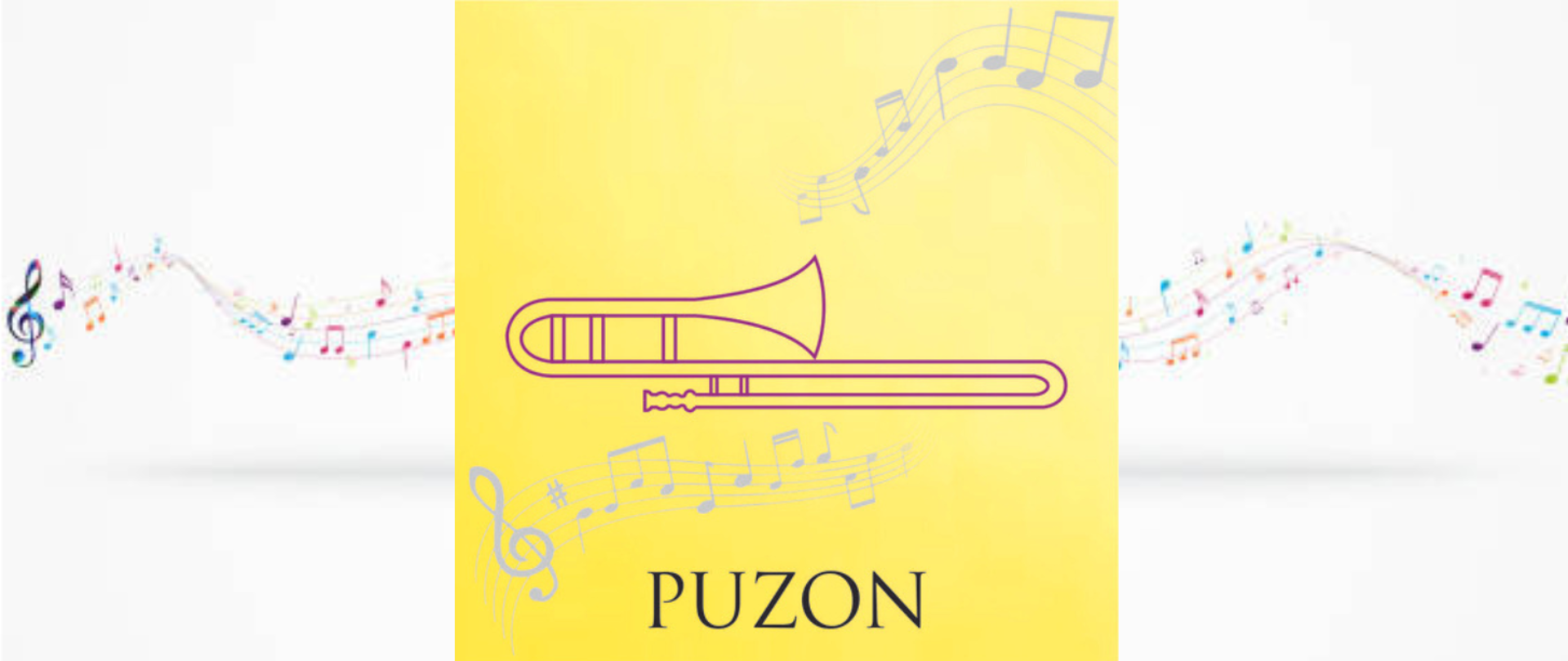 grafika przedstawiająca puzon na tle nut , pod grafiką instrumentu napis puzon