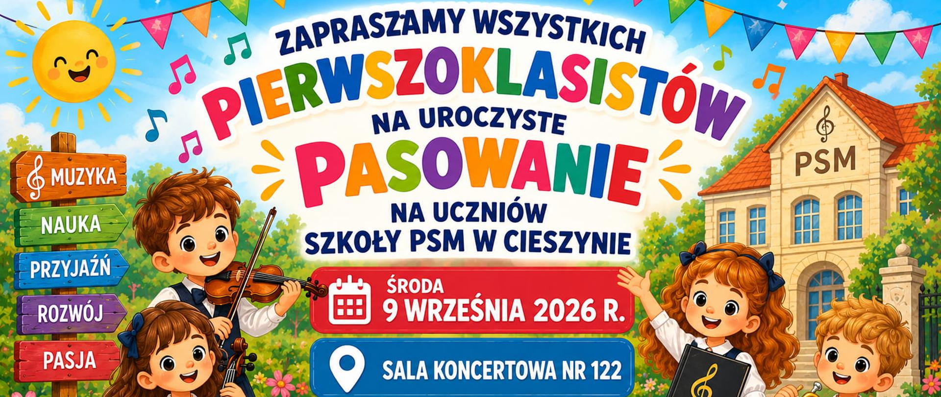 Radosna ilustracja dzieci z instrumentami muzycznymi przed budynkiem PSM, promująca pasowanie pierwszoklasistów.
