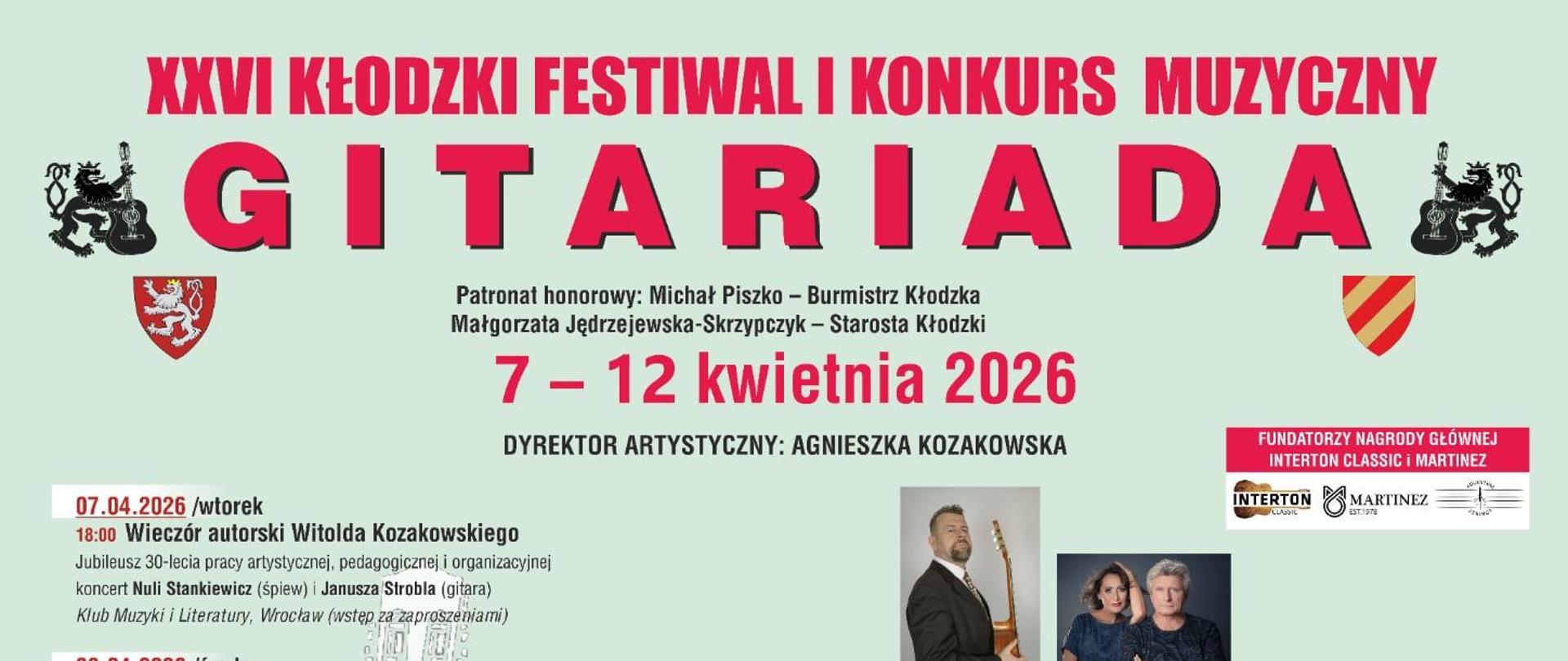 Plakat na zielonym tle informujący o XXVI Kłodzkim Festiwalu i Konkursie Muzycznym GITARIADA 7-12.04.2026