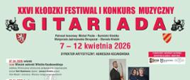Plakat na zielonym tle informujący o XXVI Kłodzkim Festiwalu i Konkursie Muzycznym GITARIADA 7-12.04.2026
