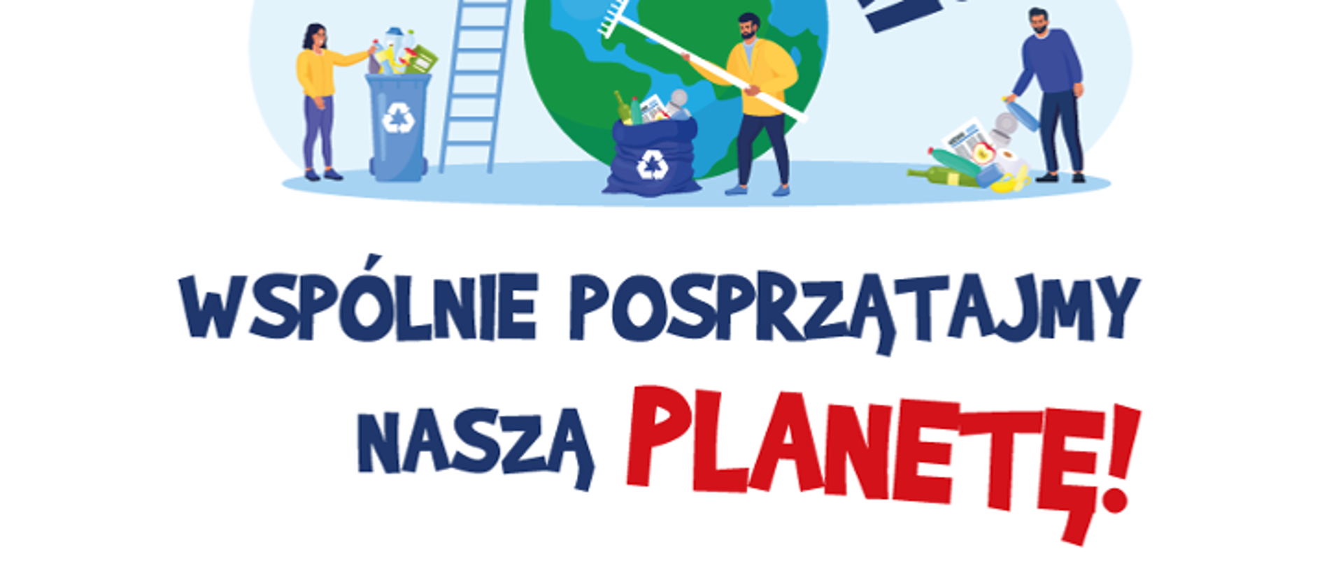 Grafika przedstawiająca ludzi sprzątających Ziemię