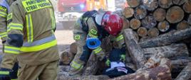strażak zakłada kołnierz ortopedyczny manekinowi przygniecionemu belami drewna obok strażacy wykonują dostęp do poszkodowanego