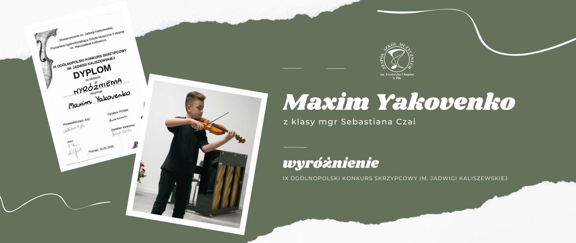 Grafika na zielonym tle przedstawiająca dwa zdjęcia ułożone po skosie: czarno-biały dyplom oraz chłopca ubranego na czarno grającego na skrzypcach.