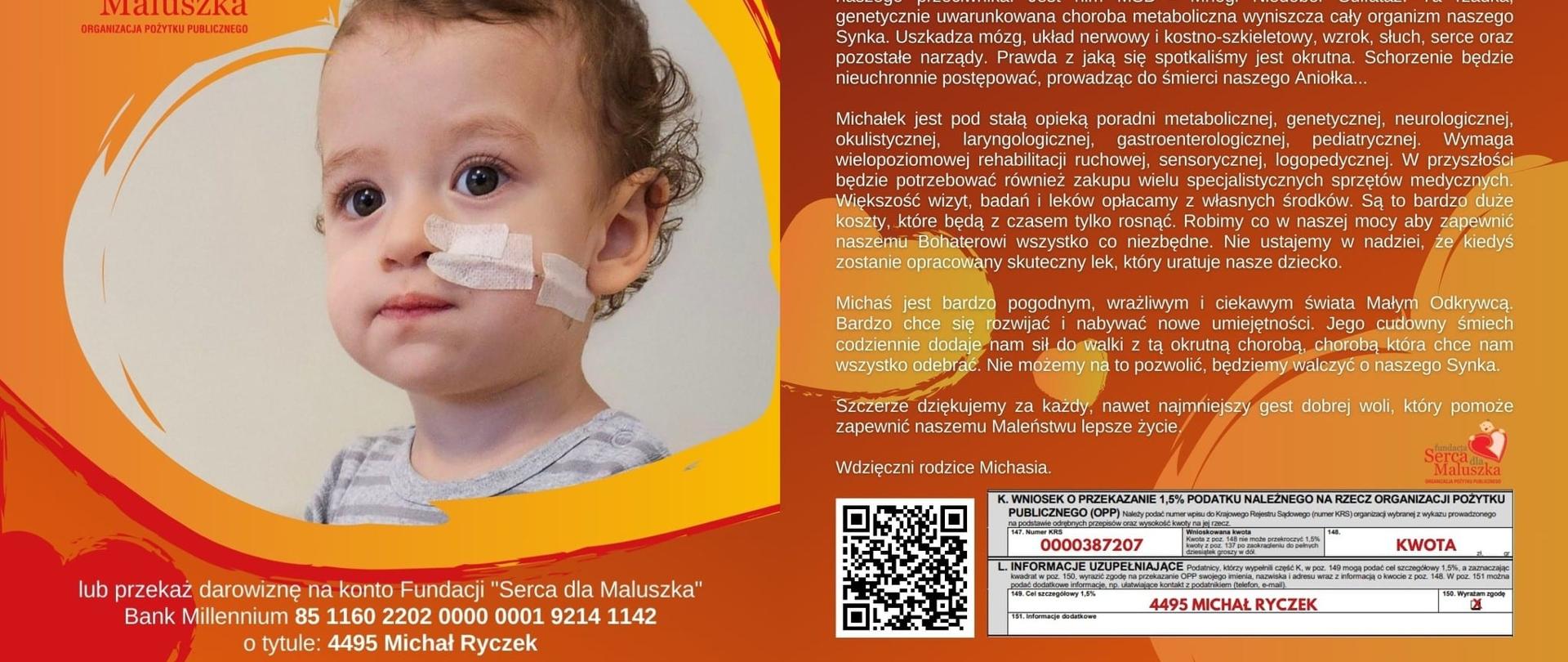 Plakat charytatywny Fundacji "Serca dla Maluszka" przedstawiający historię małego Michała Ryczka oraz instrukcję przekazania 1,5% podatku lub darowizny.