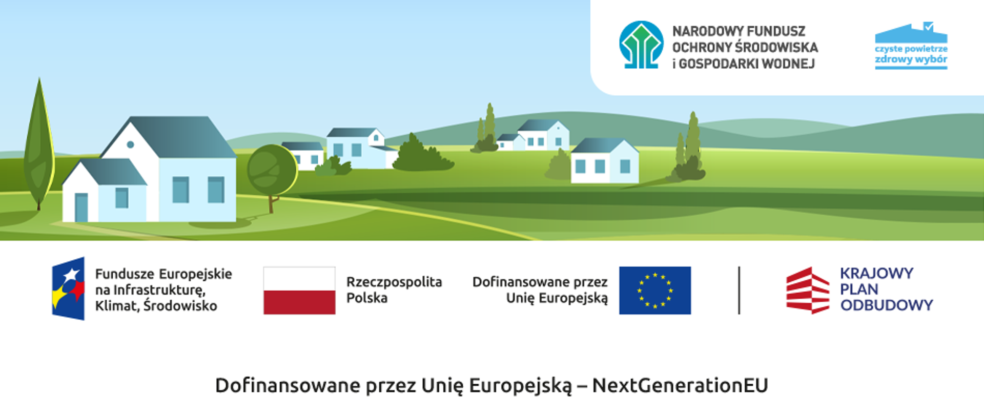 grafika ilustracyjna dla programu Czyste Powietrze - logotypy, w tle domki jednorodzinne