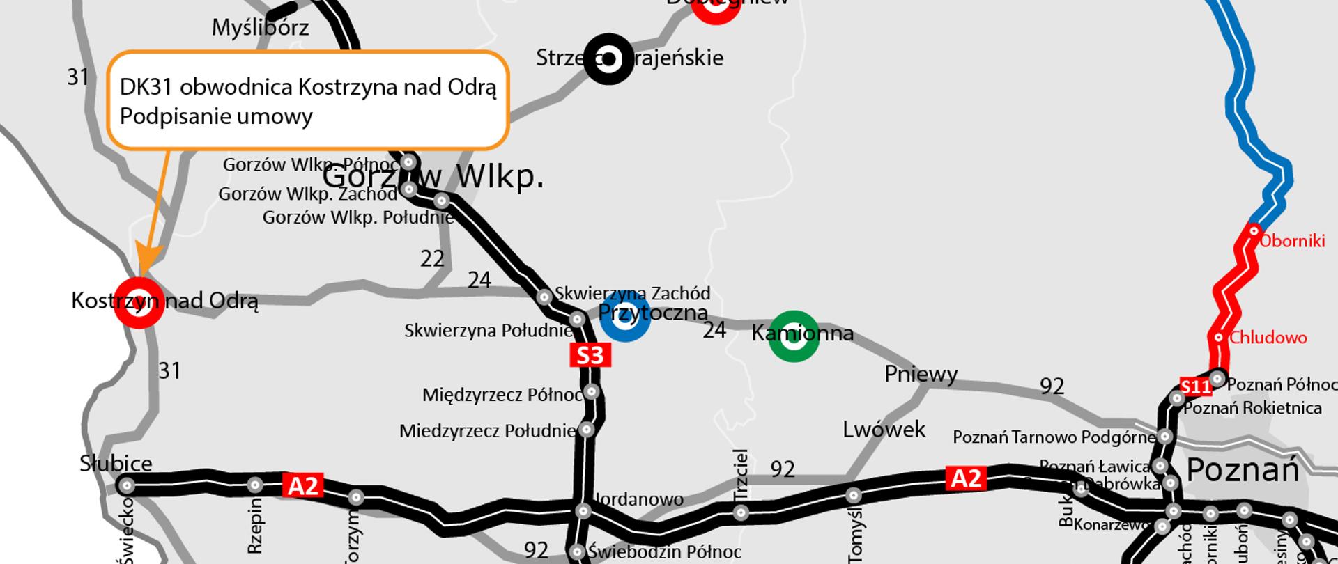 Grafika - podkład mapowy z informacją o podpisaniu umowy i zaznaczoną lokalizacją obwodnicy.