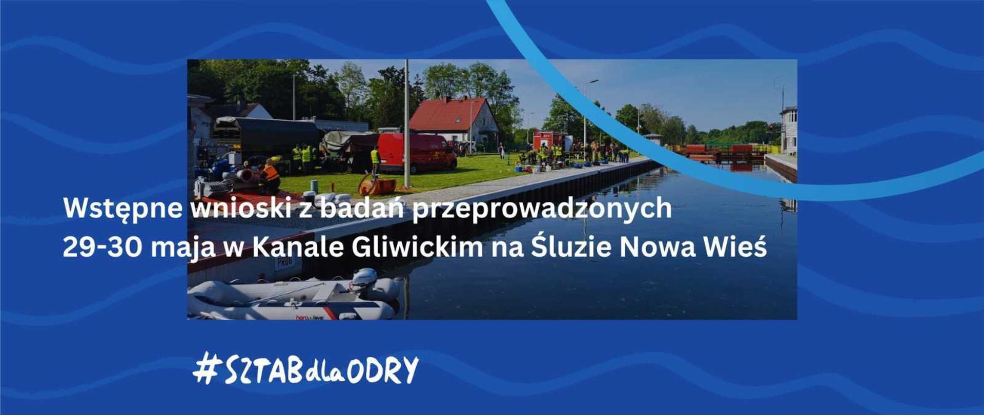 napis na zdjęciu rzeki: wstępne wnioski z badań przeprowadzonych w dniach 29-30 maja 2023 r. w Kanale Gliwickim na Śluzie Nowa Wieś