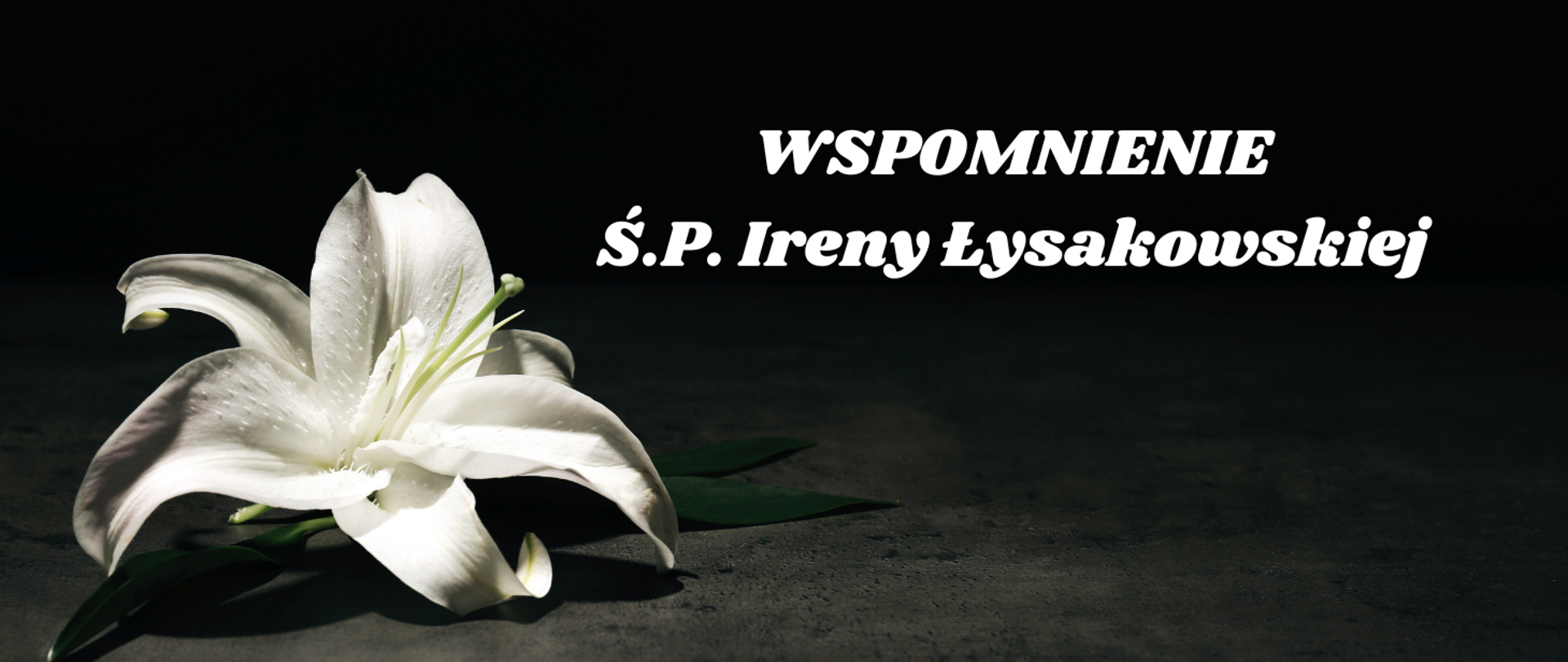 Na czarnym tle w lewym rogu zdjęcie białego kwiatu lilii. Tekst na środku: WSPOMNIENIE S.P. Ireny Łysakowskiej.
