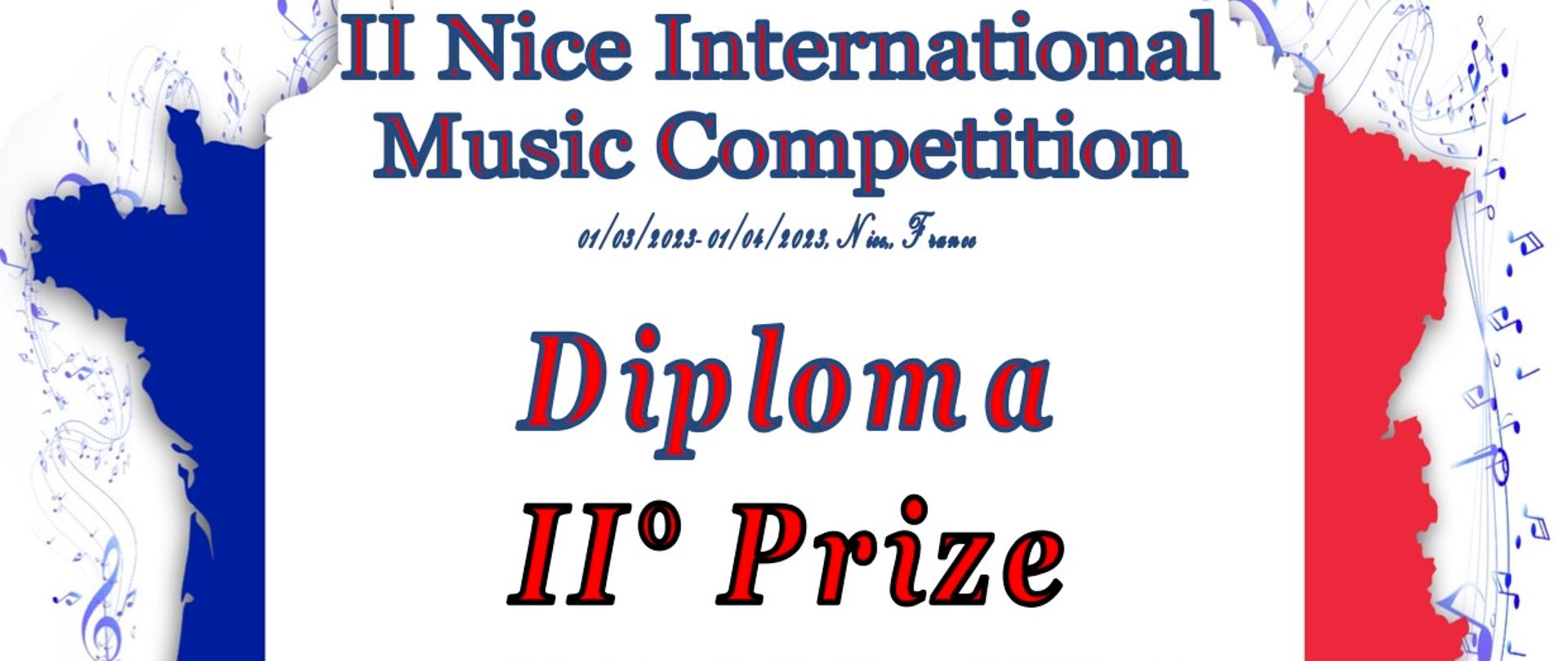 Na białym tle symbol flagi Francji oraz napis II Nice International Music Competition Diploma II Prize. Poniżej podpisy członków Jury.