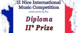 Na białym tle symbol flagi Francji oraz napis II Nice International Music Competition Diploma II Prize. Poniżej podpisy członków Jury.