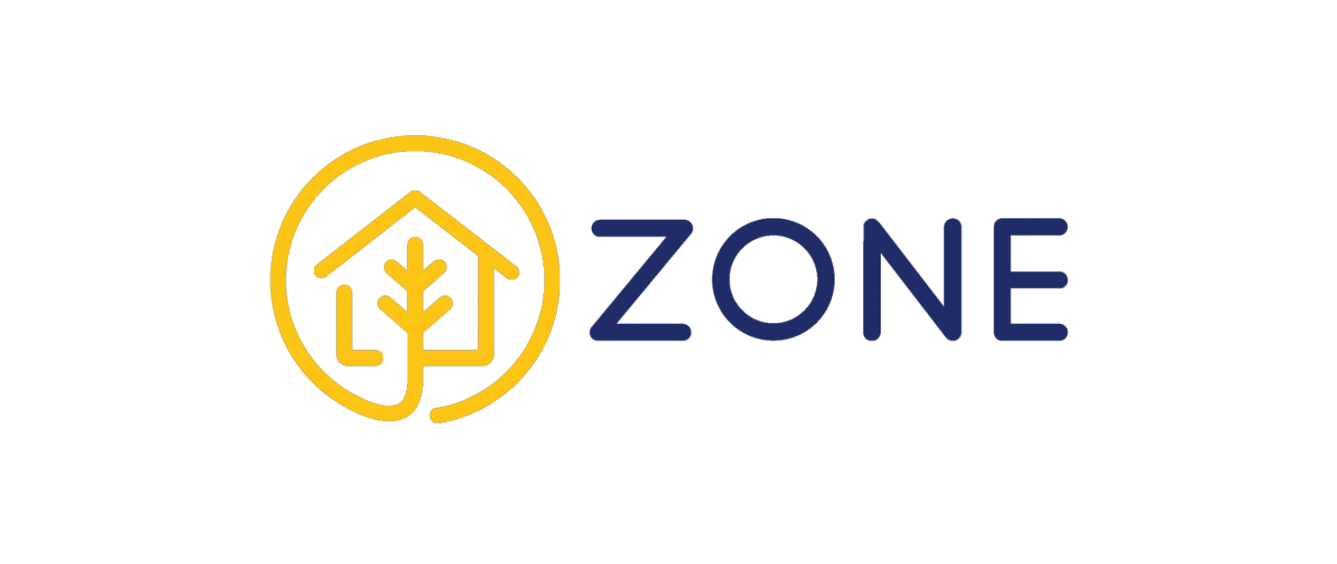 Logo „ZONE” z ikoną domu i drzewa w żółtym okręgu.
