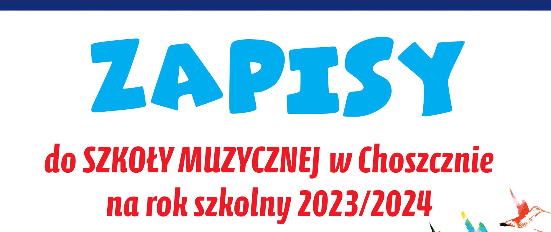 W prawym górnym rogu logo szkoły muzycznej: Głowa Paderewskiego w pisana w tekst w okręgu koloru brązowego: Państwowa Szkołą Muzyczna I stopnia im. Ignacego Jana Paderewskiego w Choszcznie. Informacje na białym tle. Zapisz się do szkoły muzycznej. Poniżej z lewej na niebieskim tle biały napis: Dzień otwarty 26.05.2023 godz. 16:00-18:00. Poniżej na czerwony tle biały napis" Zapraszamy dzieci i młodzież w wielu od 7 do 16 lat. Składanie wniosków do 06.06.2023. Badanie predyspozycji-14.06.2023Na dole od prawej do lewej kolorowa klawiatura. Pod nią tekst: składanie wniosków w sekretariacie szkoły drogą elektroniczną na adres: sekretariat@psmchoszczno.pl. Wnioski do pobrania ze strony: gov.pl/web/psmchoszczno w zakładce Dla uczniów-rekrutacja. Obejrzyj: "4 minuty o nas" SPOT Choszczno