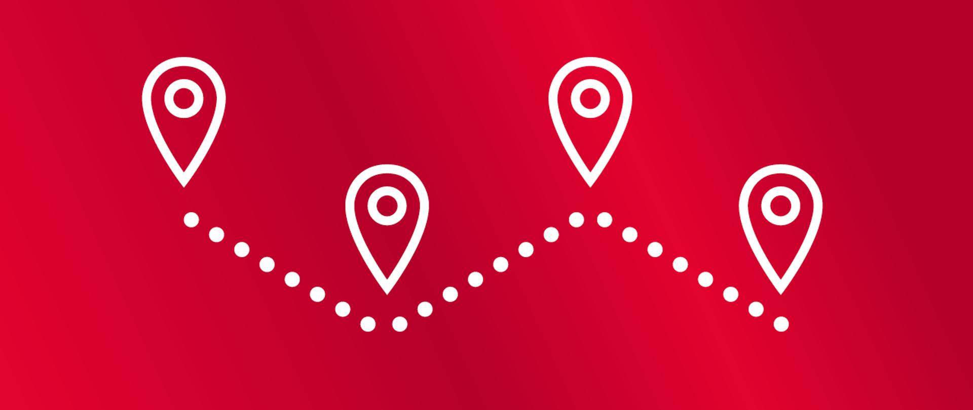 Symboliczna droga (przerywana linia) z zaznaczonymi punktami docelowymi.