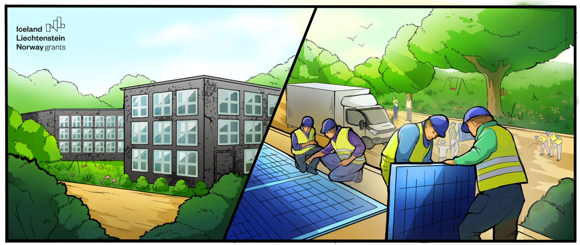 grafika w stylistyce komiksowej, podzielona na dwie części. Prawa strona przedstawia stary zniszczony budynek szkoły, lewa samochód dostawczy i grupę ludzi. Część z nich montuje panele fotowoltaiczne na dachu szkoły. 