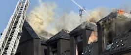 Na zdjęciu strażacy podczas działań gaśniczych z drabiny mechanicznej,