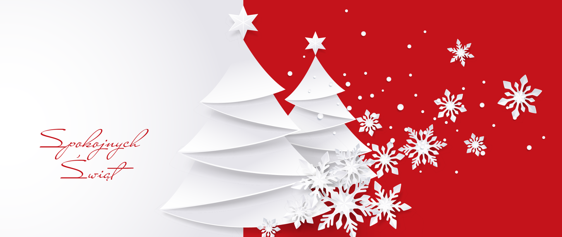 Grafika bożonarodzeniowa. Na środku dwie choinki z płatkami śniegu. Po lewo napis spokojnych świąt.