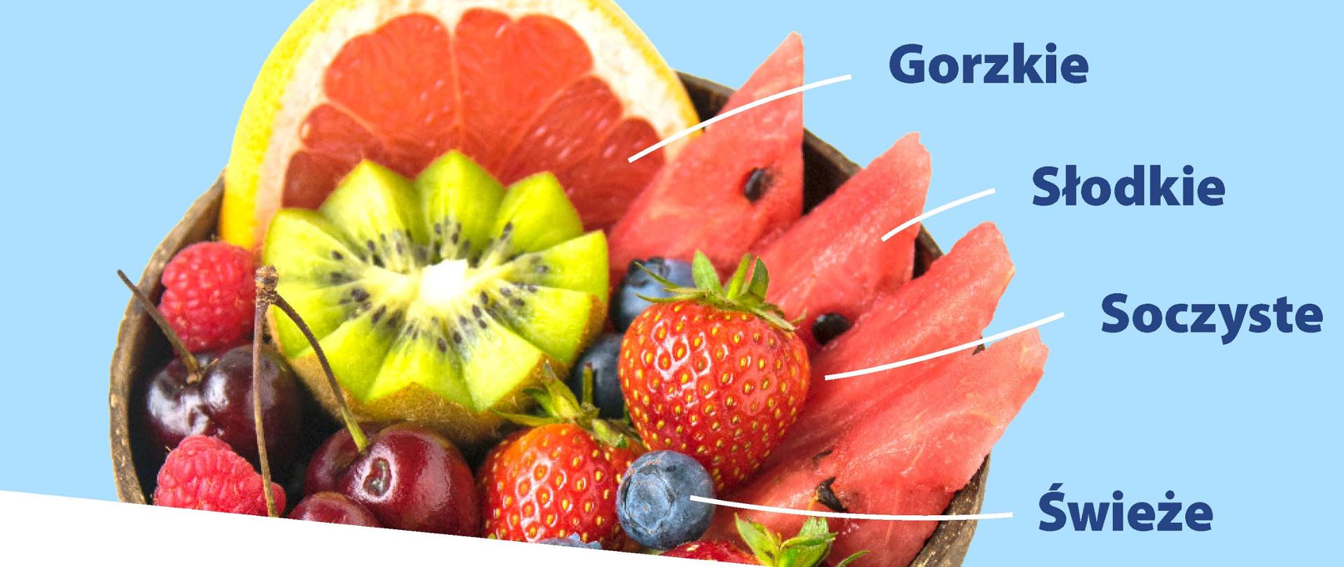 Zdjęcie przedstawia miskę owoców z tekstem "Bezpieczna żywność - pewny wybór"