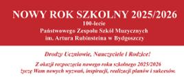 na czerwonym tle białe litery nowy rok szkolny dwa tysiące dwadzieścia pięć dwa tysiące dwadzieścia sześć i życzenia dla ucznió