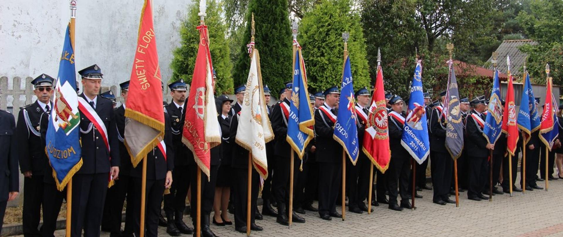 Zdjęcie przedstawia druhów OSP stojących w szyku ze sztandarami swoich jednostek OSP.