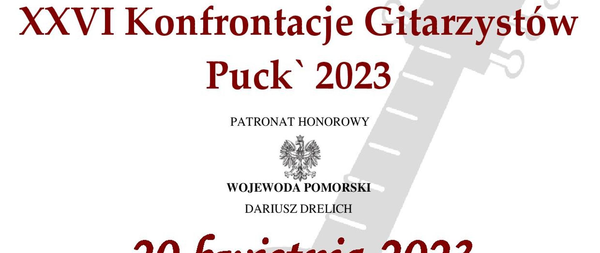 Plakat przedstawia ogłoszenie Konfrontacji Gitarzystów, które odbędą się 20 kwietnia. Na plakacie widnieje gitara logotypy instytucji współfinansujących.