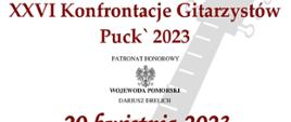 Plakat przedstawia ogłoszenie Konfrontacji Gitarzystów, które odbędą się 20 kwietnia. Na plakacie widnieje gitara logotypy instytucji współfinansujących.