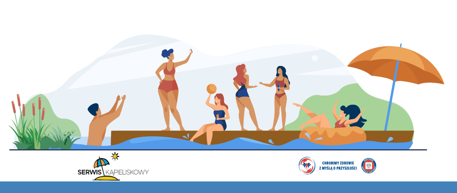 Grafika promująca Serwis Kąpieliskowy. Ilustracja przedstawia osoby wypoczywające i kąpiące się nad wodą – na pomoście i w strefie rekreacyjnej z parasolem plażowym. W dolnej części znajdują się logotyp Serwisu Kąpieliskowego oraz logotypy Państwowej Inspekcji Sanitarnej i kampanii „Chronimy zdrowie z myślą o przyszłości”.