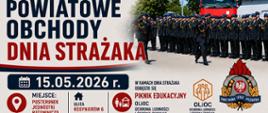 Plakat informacyjny promujący Powiatowe Obchody Dnia Strażaka. Po lewej stronie duży napis w kolorach granatowym i czerwonym: „Powiatowe Obchody Dnia Strażaka”. Po prawej zdjęcie strażaków Państwowej Straży Pożarnej ustawionych w szeregu podczas uroczystego apelu, w tle czerwony wóz strażacki. Na dole plakatu znajdują się informacje o miejscu i czasie wydarzenia: posterunek Jednostki Ratowniczo-Gaśniczej w Dębnie, ul. Kosynierów 6, godzina 13:00. Wspomniano także o pikniku edukacyjnym OLiOC – Ochrona Ludności i Obrona Cywilna. Plakat utrzymany jest w biało-czerwono-granatowej kolorystyce, zawiera logotypy Państwowej Straży Pożarnej oraz numer alarmowy 112.