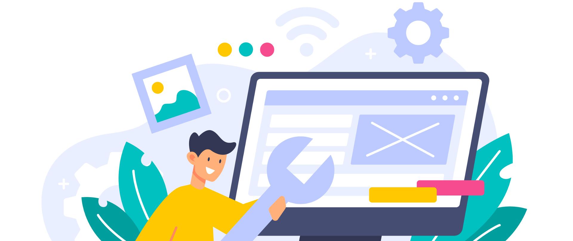 Grafika wektorowa: monitor komputera z ikonką wiadomości e-mail, po lewej stronie postać mężczyzny w żółtej bluzie 