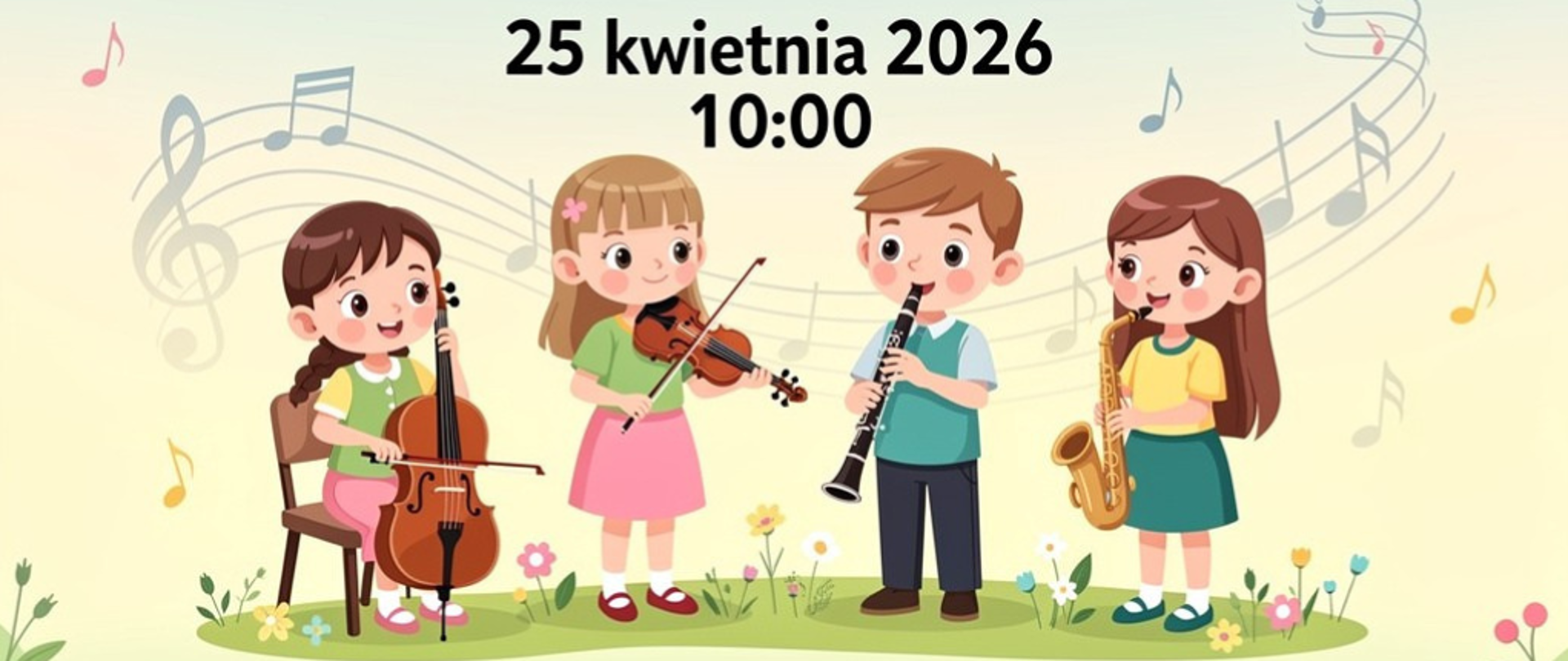 Plakat zapraszający na Wiosenny Poranek Muzyczny w Szkole Muzycznej w Starachowicach, który odbędzie się 25 kwietnia 2026 roku o godzinie 10:00. Na plakacie znajdują się cztery dzieci grające na instrumentach: wiolonczeli, skrzypcach, klarnecie oraz saksofonie. Tło plakatu jest dekorowane kwiatami, nutami oraz kolorowymi elementami graficznymi. Na dole plakatu podano informację o sali koncertowej.