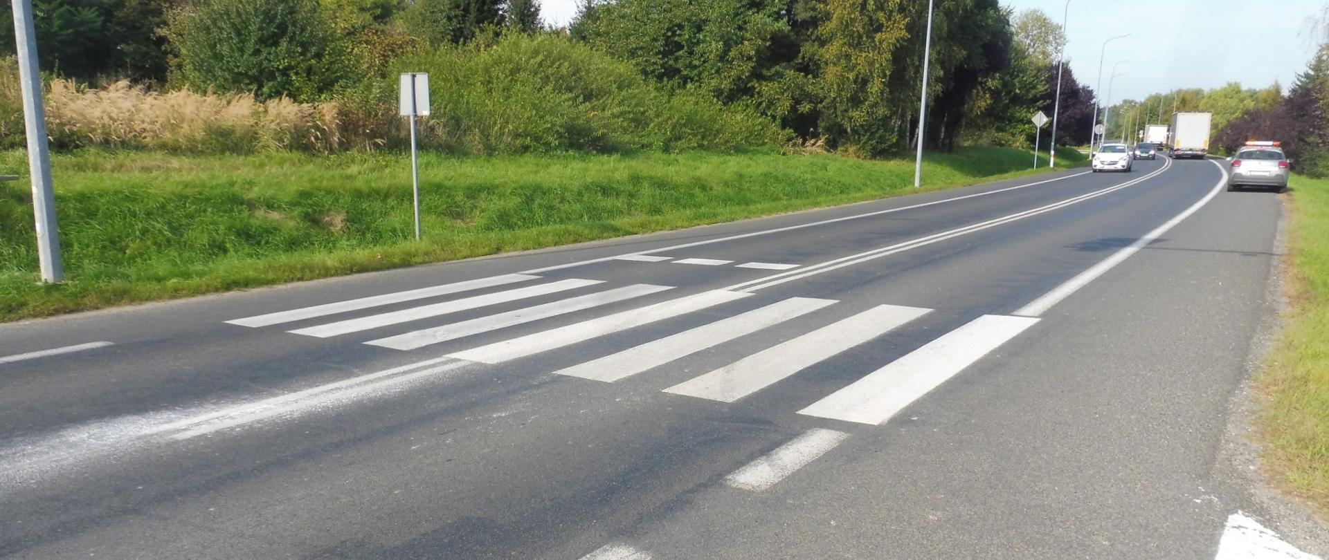 Na zdjęciu widać drogę krajową nr 30 w Olszynie i przejście dla pieszych. 