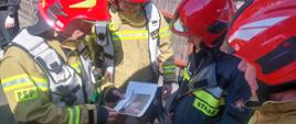 Zdjęcie przedstawia strażaków podczas omawiania sytuacji pożarowej na miejscu zdarzenia