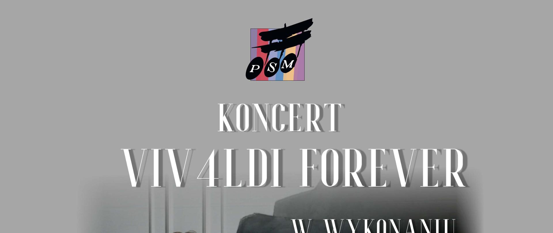 Szare tło, białe litery. W środkowej części zdjęcie wykonawców z instrumentami - saksofonem i akordeonem. W dolnej części logotypy sponsorów. 