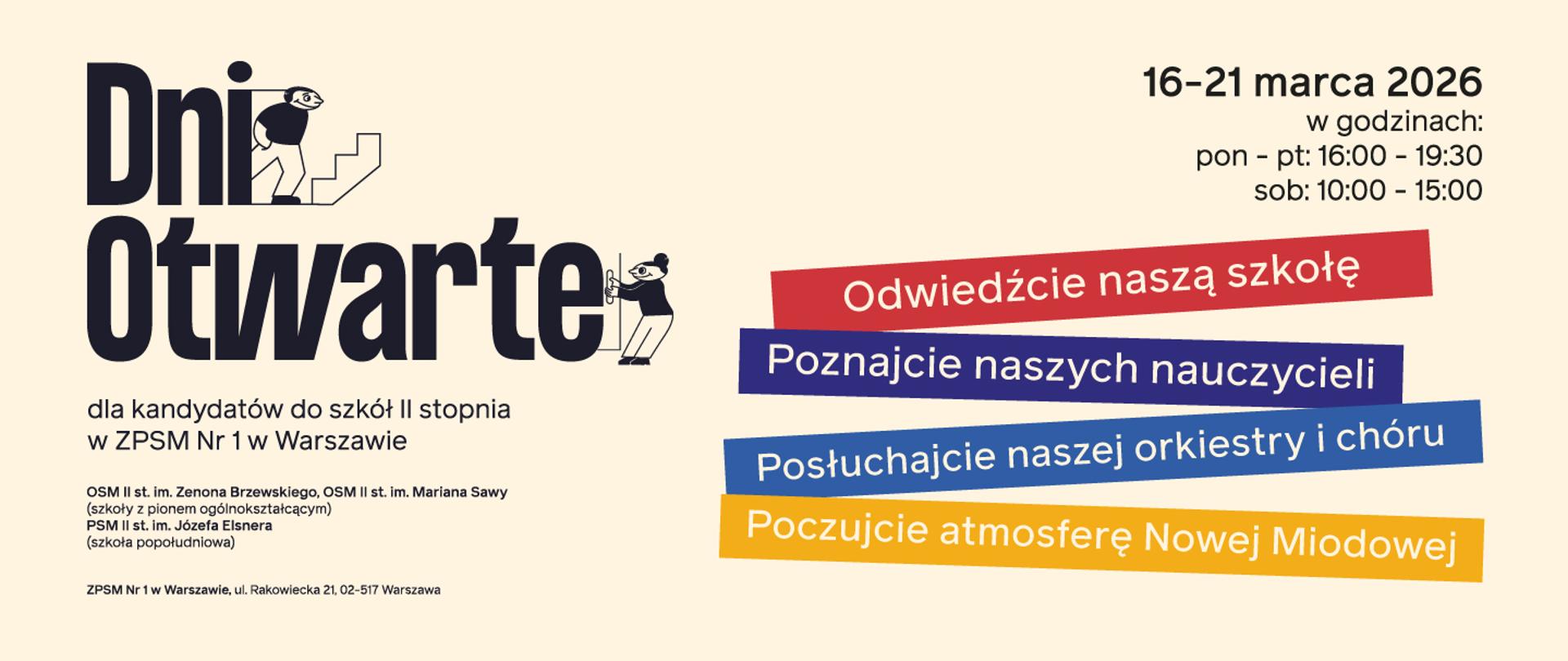 Grafika promująca Dni Otwarte ZPSM Nr 1 w Warszawie dla kandydatów do szkół II stopnia, które odbędą się w dniach 16–21 marca 2026 w godzinach pon.–pt. 16:00–19:30 oraz w sobotę 10:00–15:00