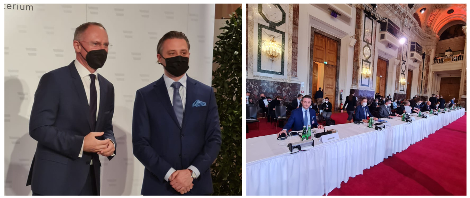 Grafika przedstawia dwa zdjęcia wiceministra Bartosza Grodeckiego biorącego udział w konferencji ministerialnej w Wiedniu.